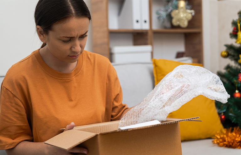 woman opening package and looking disappointed