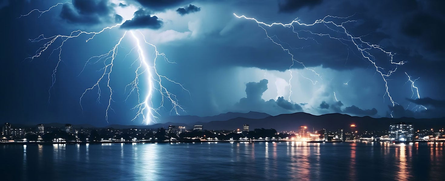 Lightning storm strikes over city