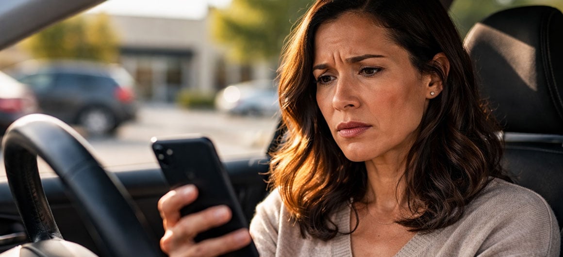 Person sitting in a parked car looking at a smartphone with a concerned expression, steering wheel visible in foreground