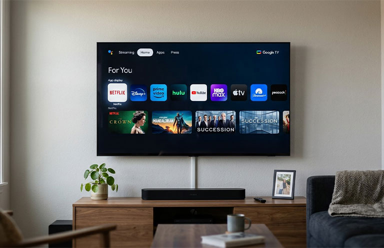 Streaming TV apps on tv in living room 