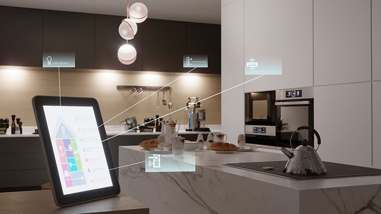 Smart home control in kitchen interior in the evening. ( 3d render ) Credit:Eoneren