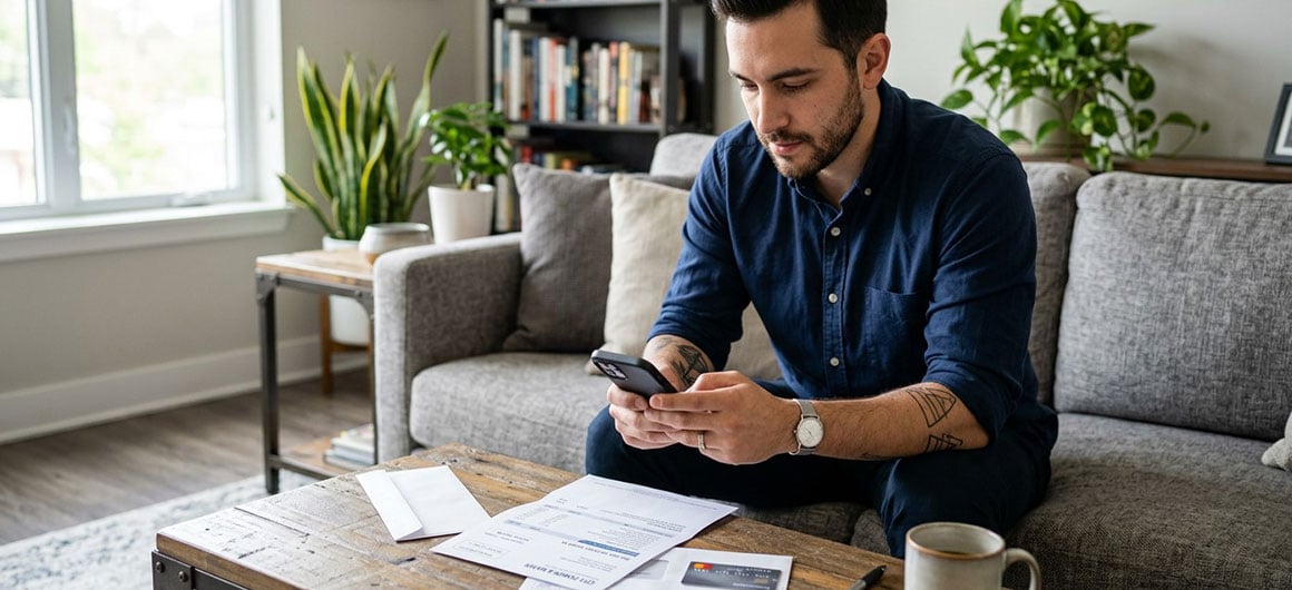 Man setting up autopay on phone