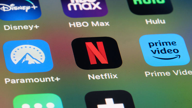 Shanghai,China-May 21st 2023: close up Netflix, Amazon Prime Video, Paramount+, Disney+, HBO Max and Hulu app icon on screen. Assorted online subscription video streaming service brands Credit:Robert Way