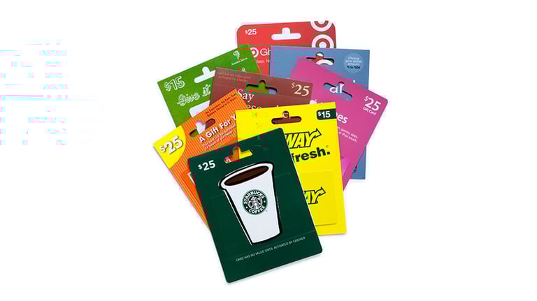 This is a overhead photo of a variety of gift cards. Based upon a 2006 survey gift cards are the second most popular gift in the United States. Credit:skodonnell