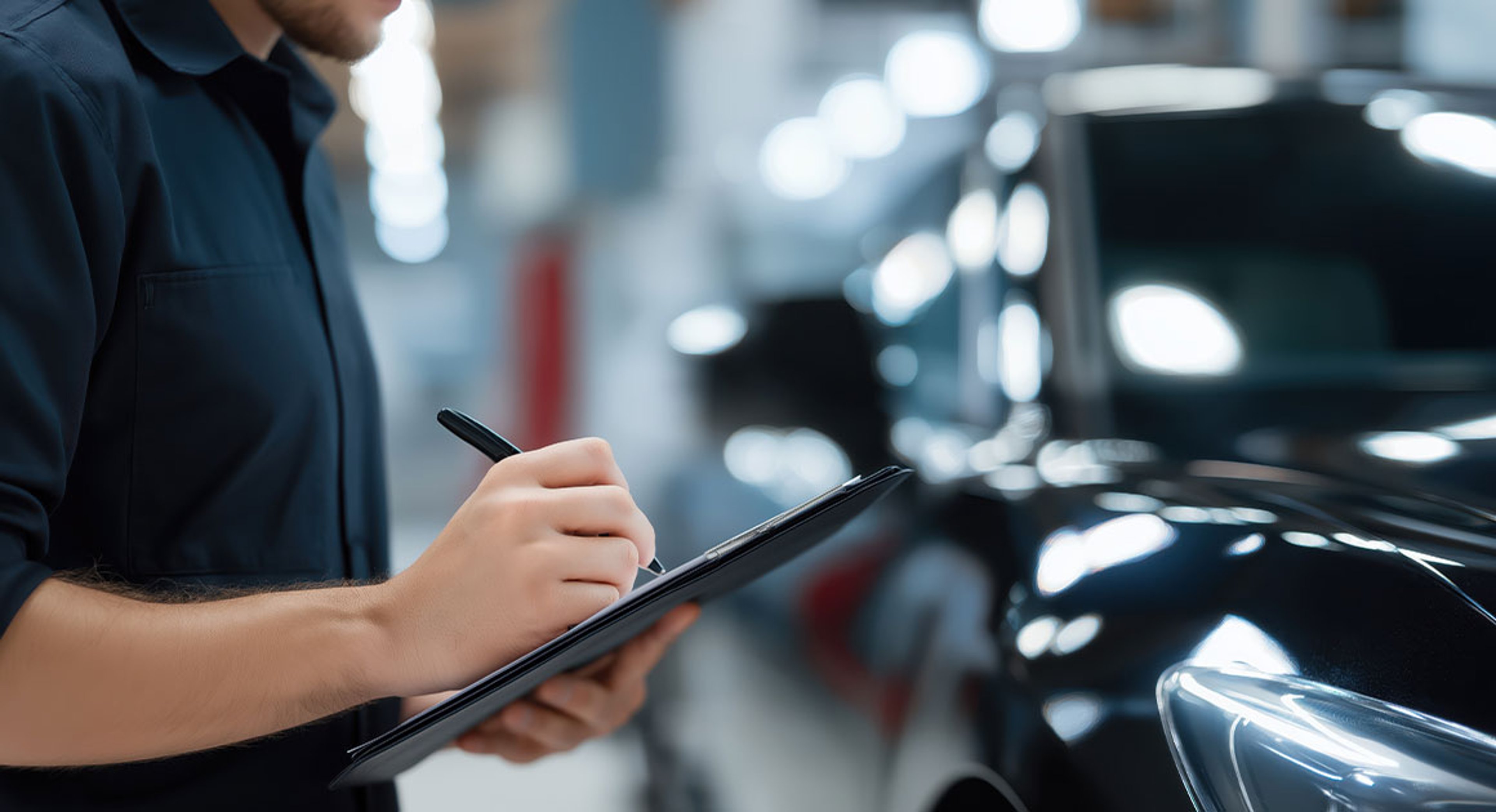 man holding clipboard in front of car