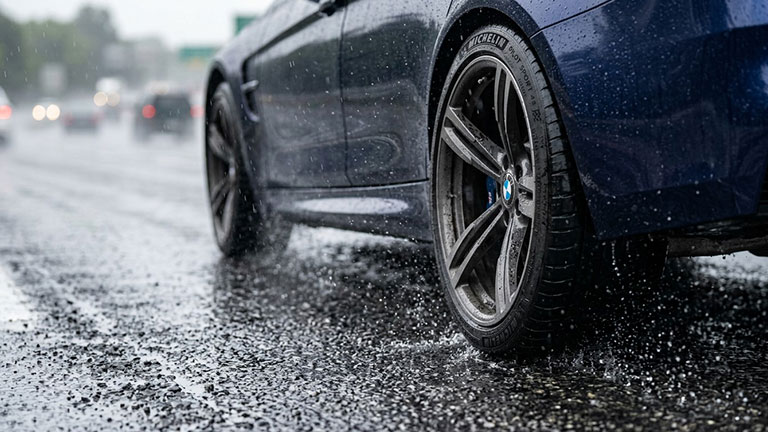 Tires of a car driving