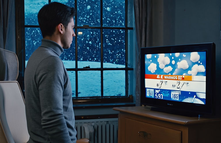 man looking at weather forecast on tv