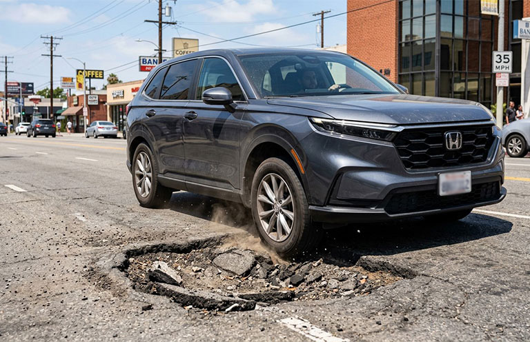 car driving over pothole