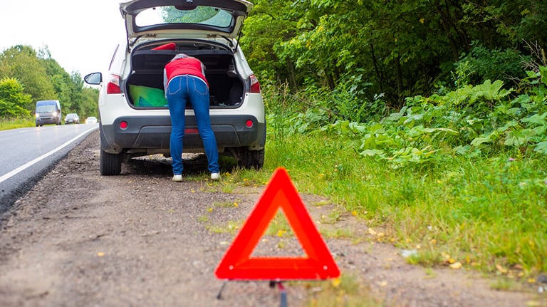 A girl is climbing in the trunk of a car. Emergency sign near the car. Credit:ALFSnaiper