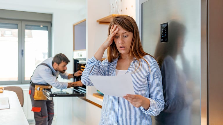 Couple, insurance paperwork and budget planning with laptop, bills and finance with taxes and mortgage. Financial documents, payment and loan with policy, audit and review with asset management