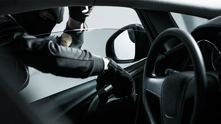 Car Thief Trying to Open Car From the Inside. Car Insurance Concept; Credit: welcomia