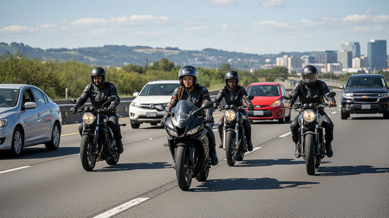 Diverse group of on the motorcyclist on the road