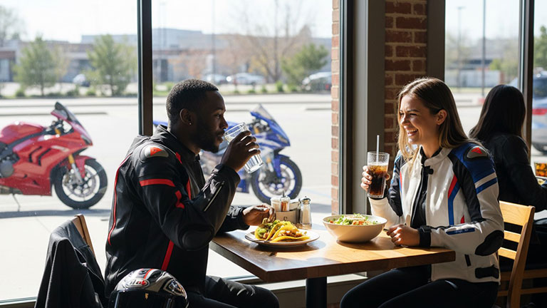 Pair of interracial friends grabbing some lunch