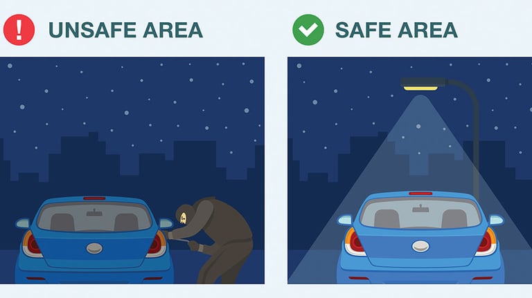 Car theft safety tips. Safe and unsafe parking area at night. Back view of a car parked in a well-lit place. Flat vector illustration template. By flatvectors