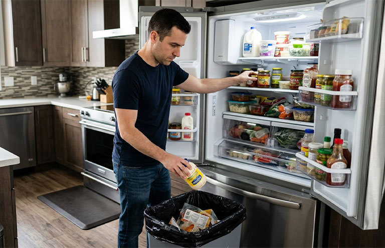 man cleaning out fridge by throwing away food