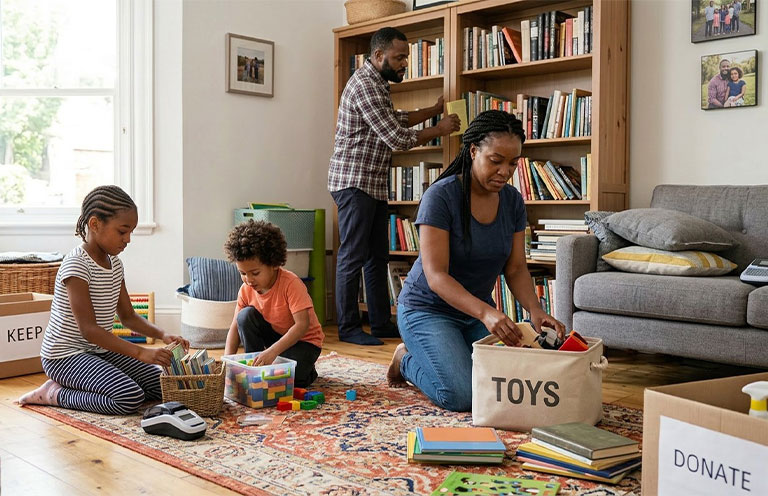 family cleaning living room and putting things away