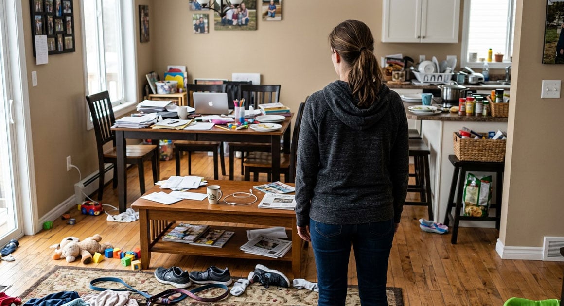 woman looking at messy living room