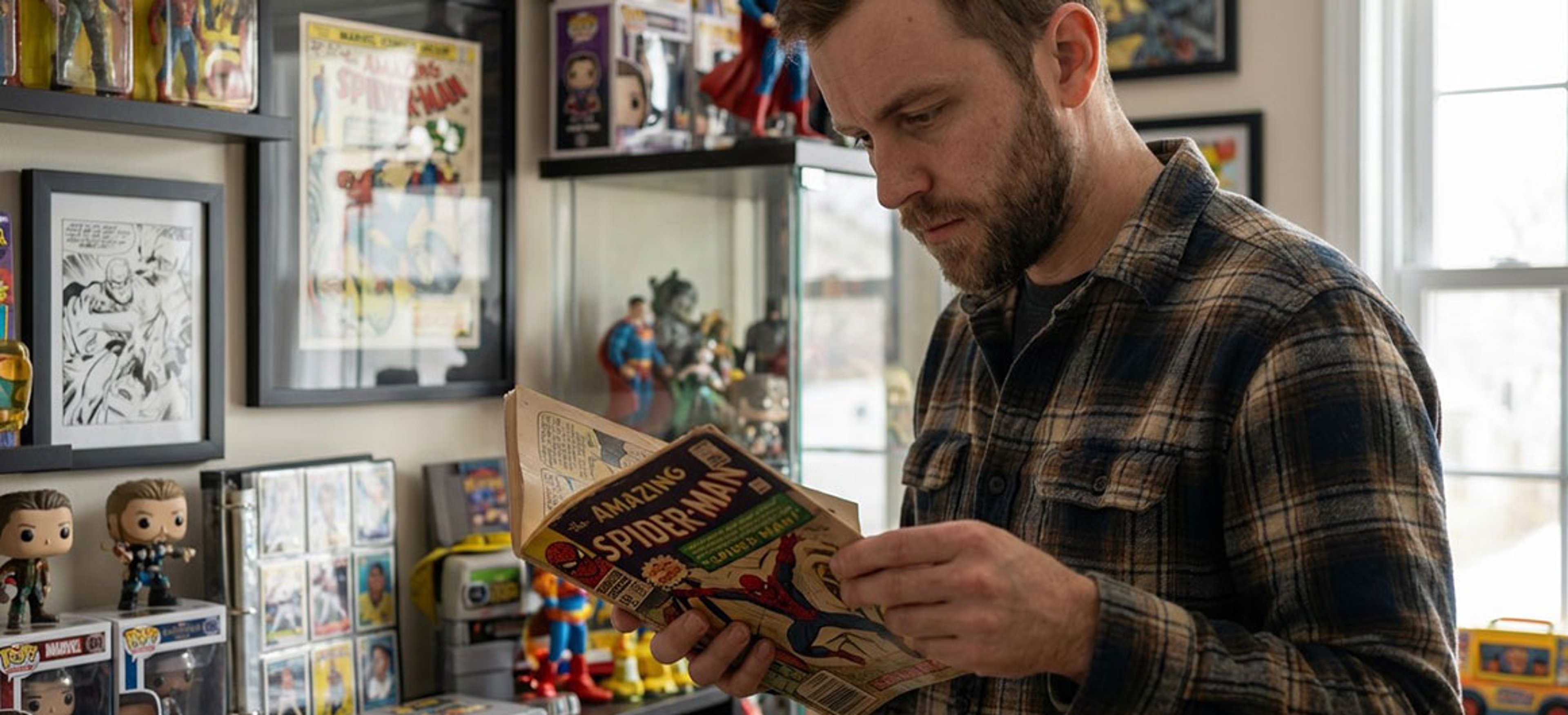 man looking though his comic collection Image generated with Runway AI, Art Directed by Andrea M. Corbin