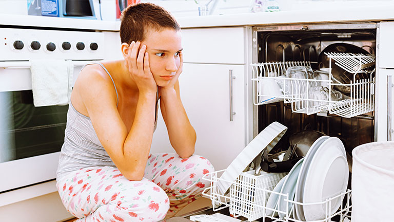Domestic duties of daughter or young woman, problem of broken home appliances; Credit:Larisa Stefanuyk