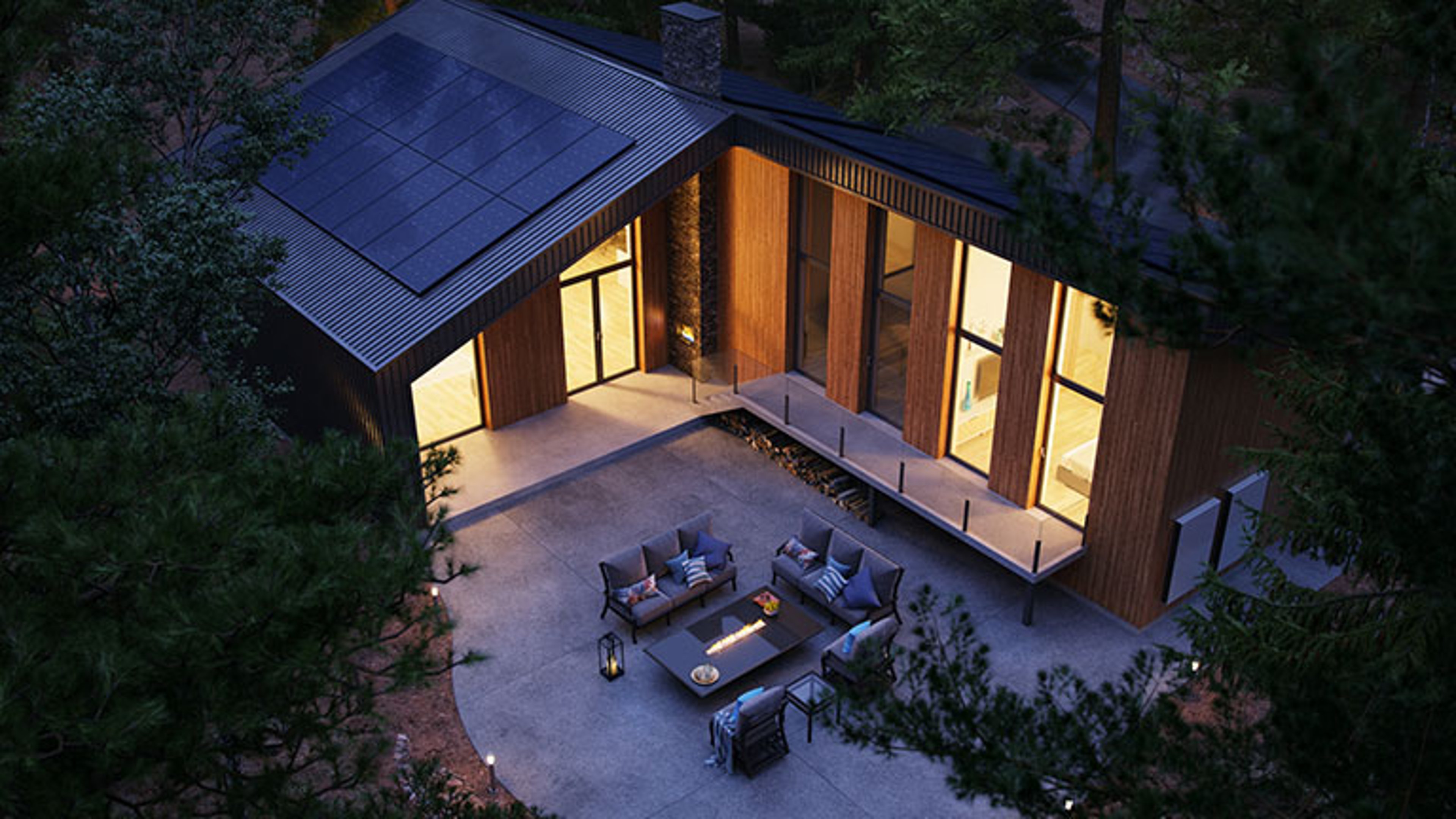 Forest House With Solar Panels And Wall Battery For Energy Storage