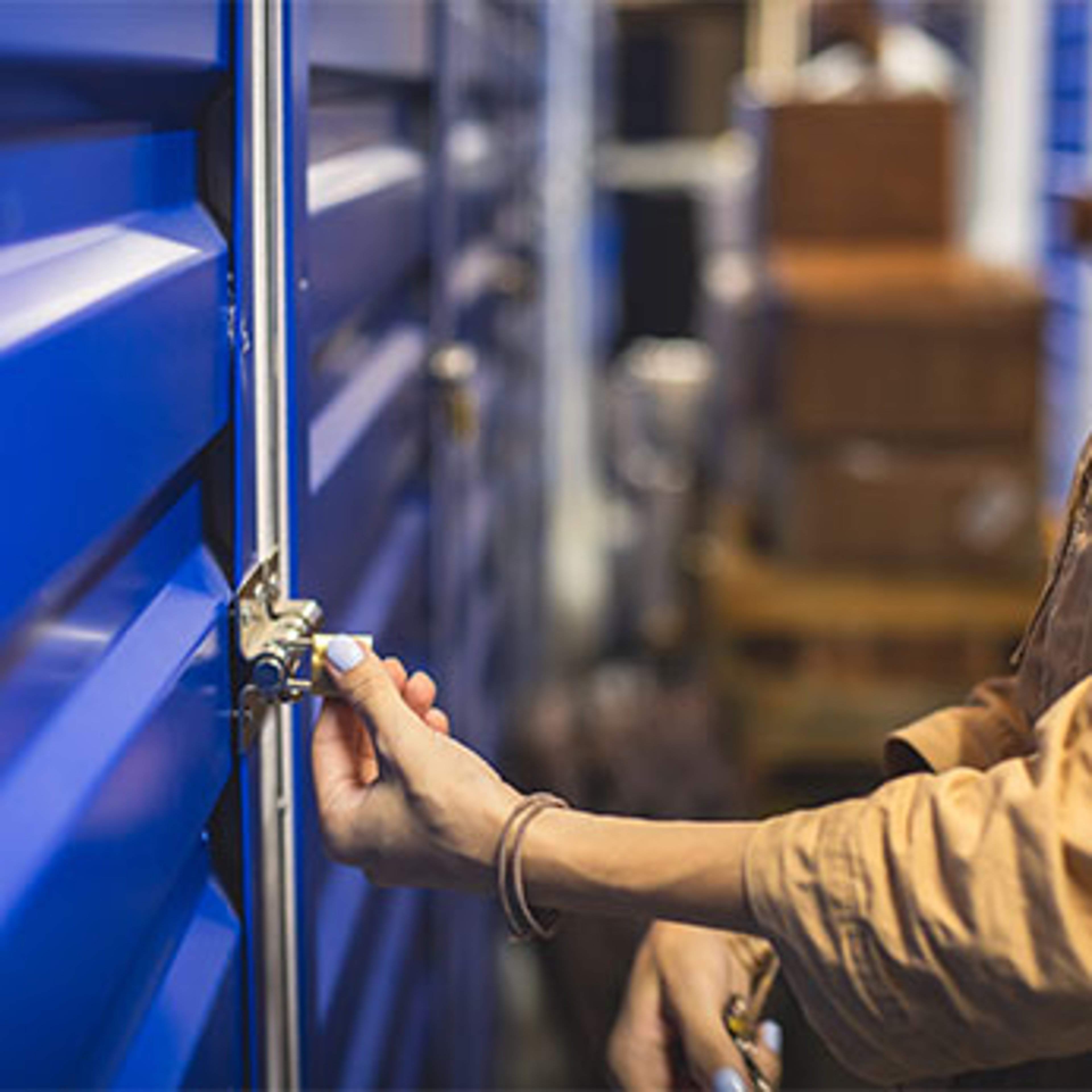 Person locking storage unit door