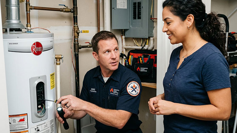 A home service technician inspects a residential water heater while explaining the work to a homeowner. The technician uses a flashlight and screwdriver to examine the unit in a utility room, with plumbing pipes, an electrical panel, and maintenance tools visible in the background. Image generated with Runway AI, Art directed by Andrea M. Corbin