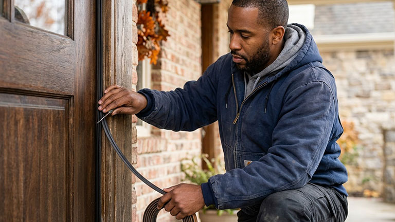A homeowner installs weatherstripping around a front door to improve insulation and reduce drafts. The person kneels on a porch while applying a strip of sealing material along the door frame of a brick home. Image generated with Runway AI, Art directed by Andrea M. Corbin