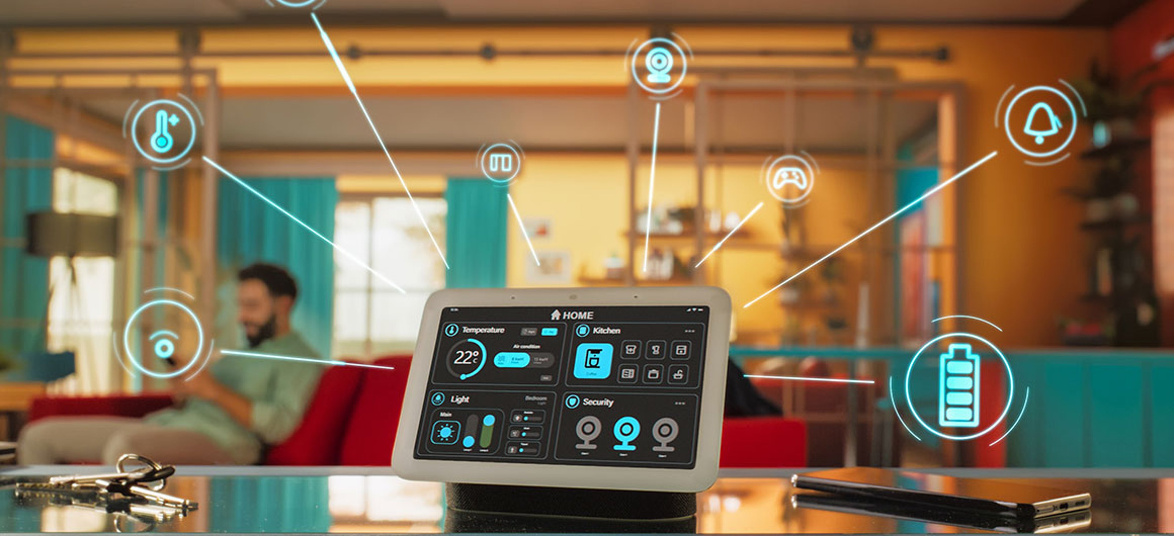 Creative Smart Home Device with Dark Theme Infographics Shown on Display with Concept Icons. Person using Smartphone to Control The House. IOT Connected Wireless Intelligent System Concept. 