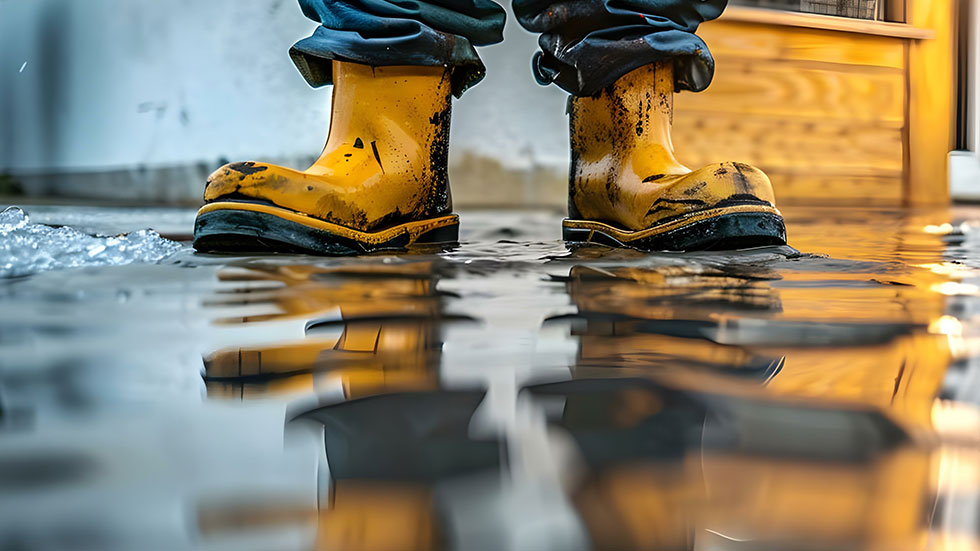 wearing rubber boots in flooded basement