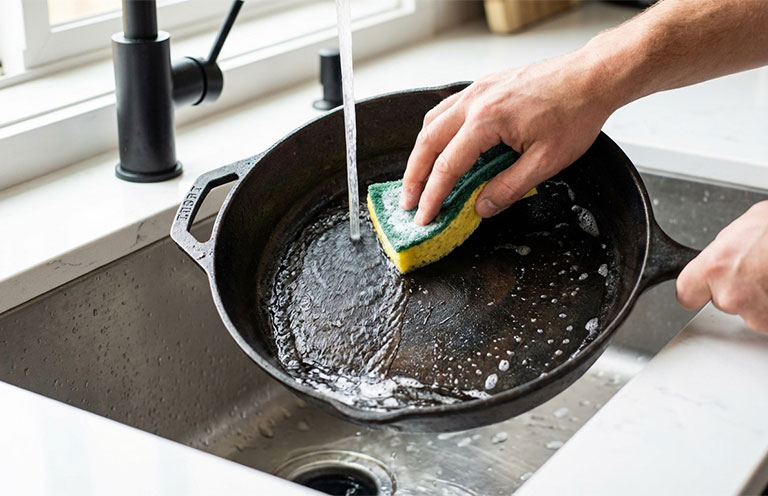 cast iron skillet being washed
