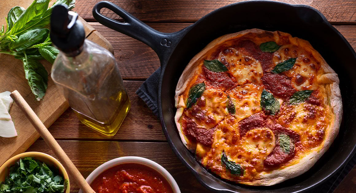 pan pizza in cast iron skillet