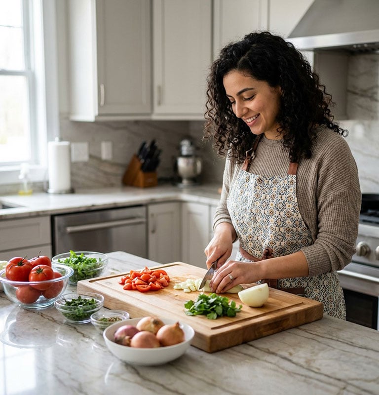 Woman cutting food on a cutting board