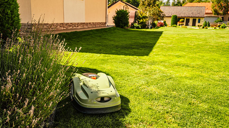 Lawn mower cut grass. Garden work. Electric Rotary lawn mower machine. Excellent au pair, Automatic Robotic Lawnmower. Credit:alexander uhrin
