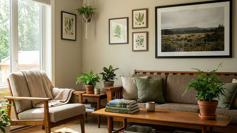 A living room that is nature themed