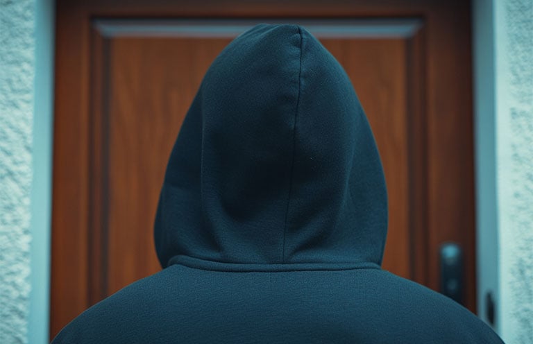 man with black hoodie on standing in front of a front door