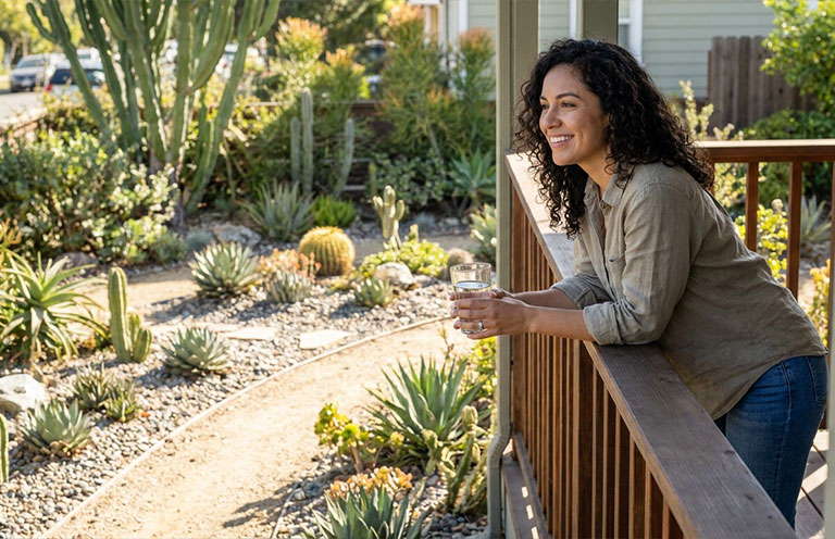 woman looking at xeriscaped yard