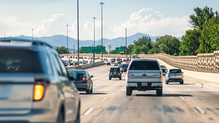 A driver's point of view of daytime traffic on Interstate 15 in Utah. Credit: georgeclerk