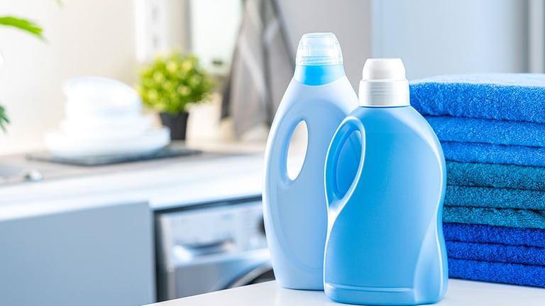 Blue fabric softener and detergent bottles shot on kitchen counter with washing machine and blue towels at background. Selective focus on bottles. Digital capture taken with Sony A7rII and Sony FE 90mm digital capture taken with Sony A7rII and Sony FE 90mm f2.8 macro G OSS lens. Credit:fcafotodigital