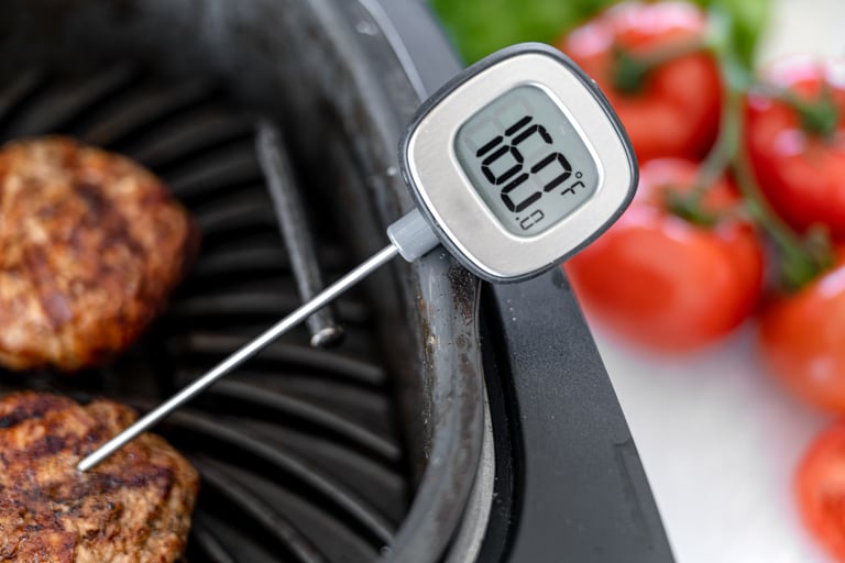 thermometer showing internal temperature of beet patty at 160 degrees