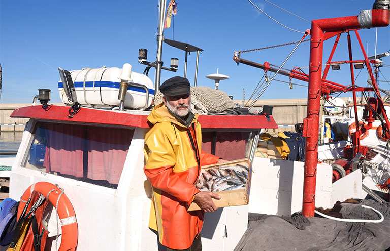 fisherman holding box filled with fish