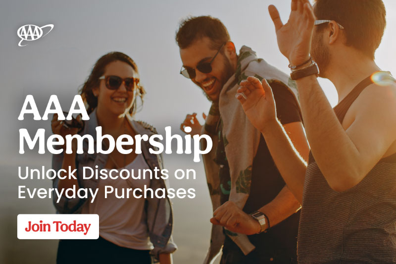 Three smiling people outdoors with text promoting AAA membership for discounts and everyday purchases with a call-to-action "Join Today."