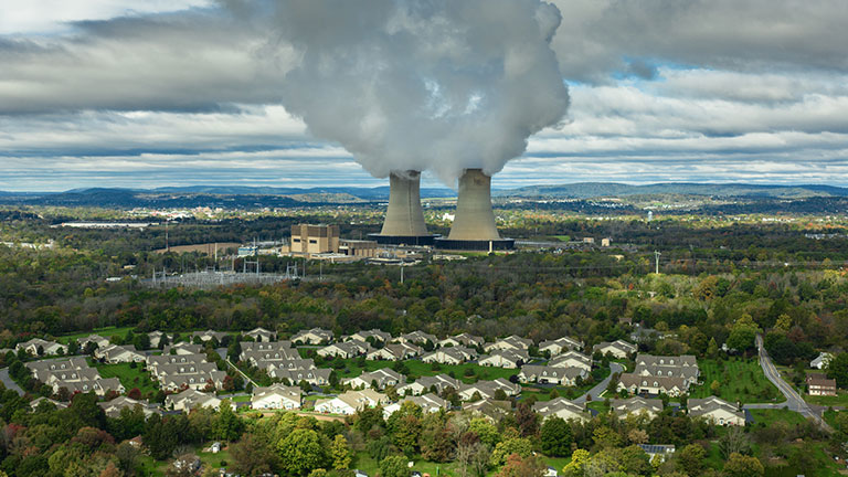 Aerial still of Limerick Generating Station, a nuclear power plant in Royersford, Montgomery County, Pennsylvania, on an overcast day in Fall. Credit:halbergman