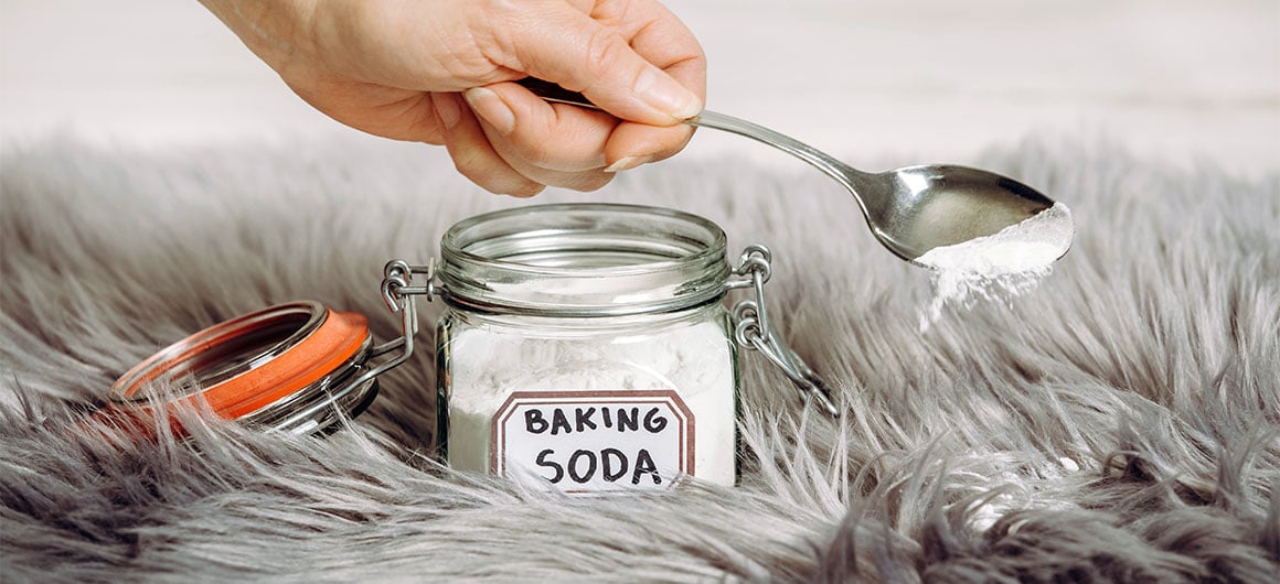 jar of baking soda on fur carpet, spoon sprinkling baking soda over carpet