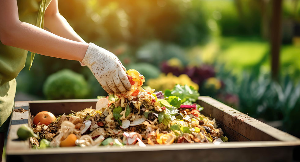 Woman composting food waste. Outdoor compost bin for recycling