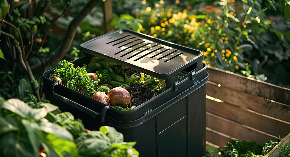 Black compost bin filled with food scraps and vegetable matter in a garden setting.