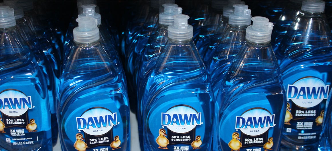 Bottles of Dawn dish soap on store shelf