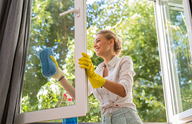 woman cleaning window