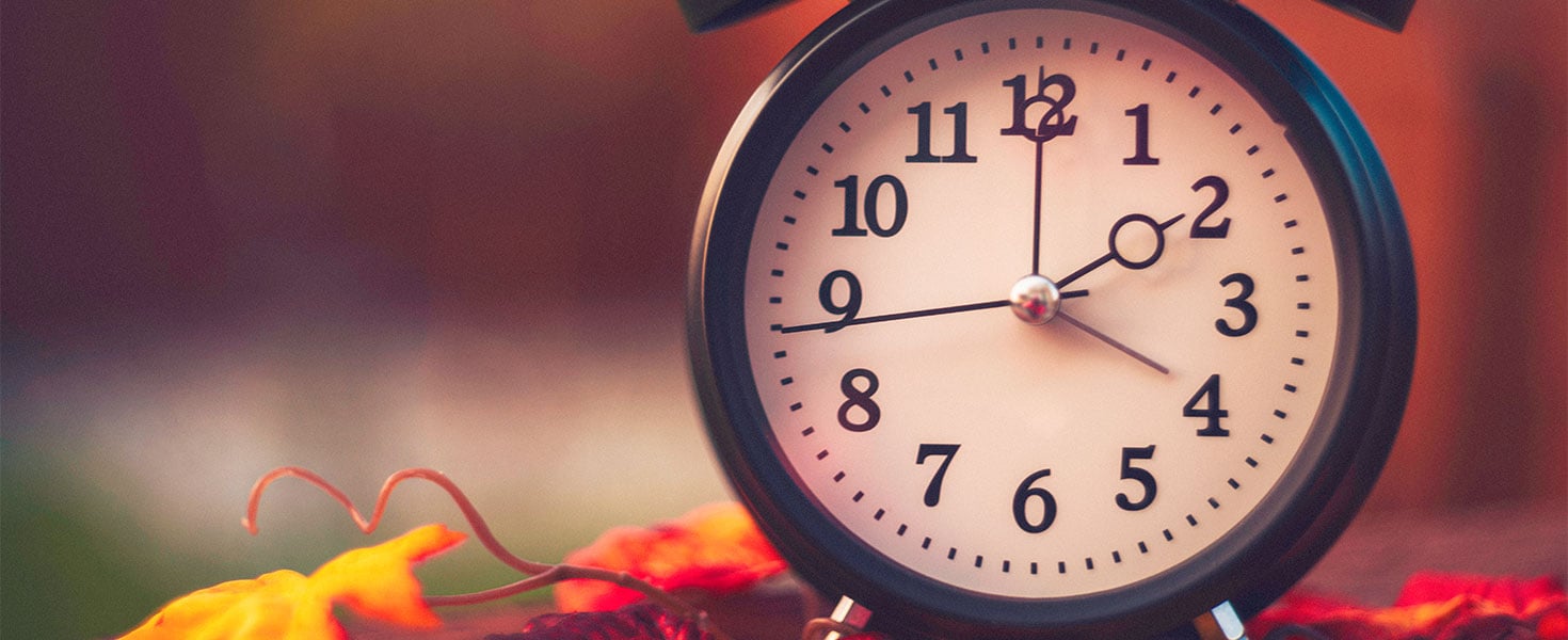 alarm clock surrounded by autumn leaves