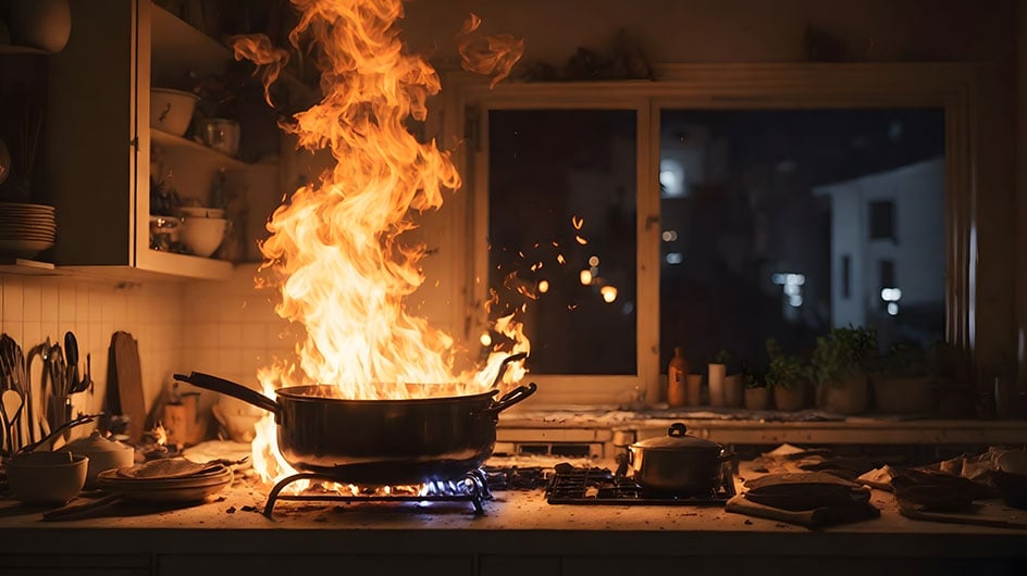 pan on fire on stove