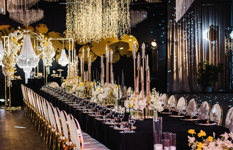 Wedding set up, dinner table reception in area on party